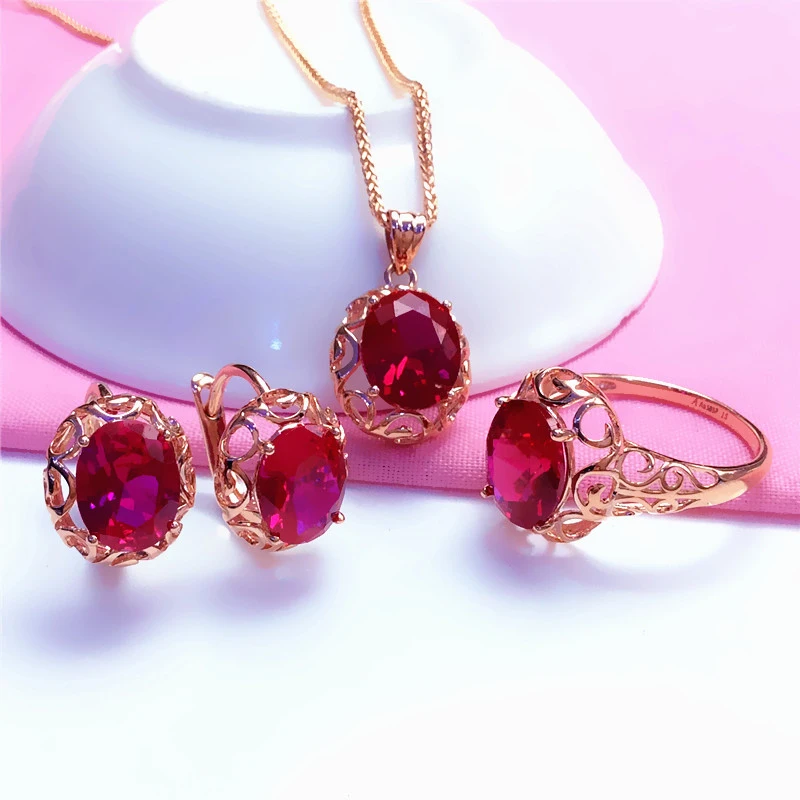 Fényűzés 585 Ibolyaszínű Arany Beágyazott Ruby ékszer állítsa Üreges Design 14K Előlép Arany esküvői necklaces gyűrűk fülbevaló számára The Best Damn Thing