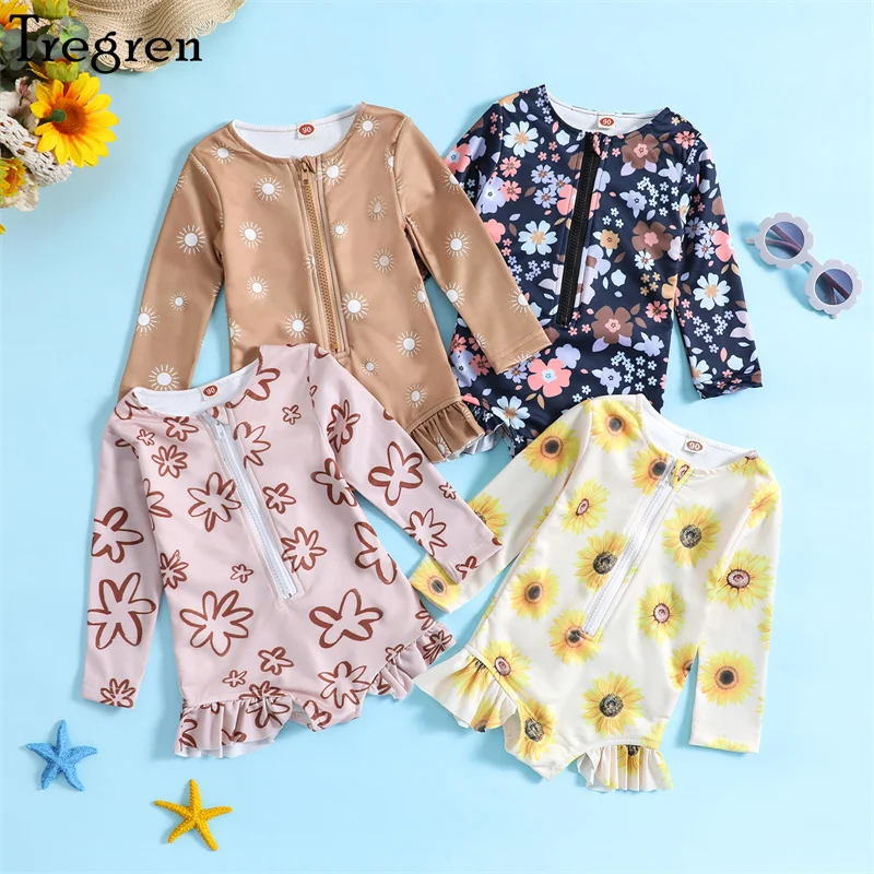 

Tregren Kid Girls Swimsuit Sun/ Flower Print Long Sleeve Zipper Jumpsuit Swimwear Summer Beachwear Swimming Pool Bathing Suit
