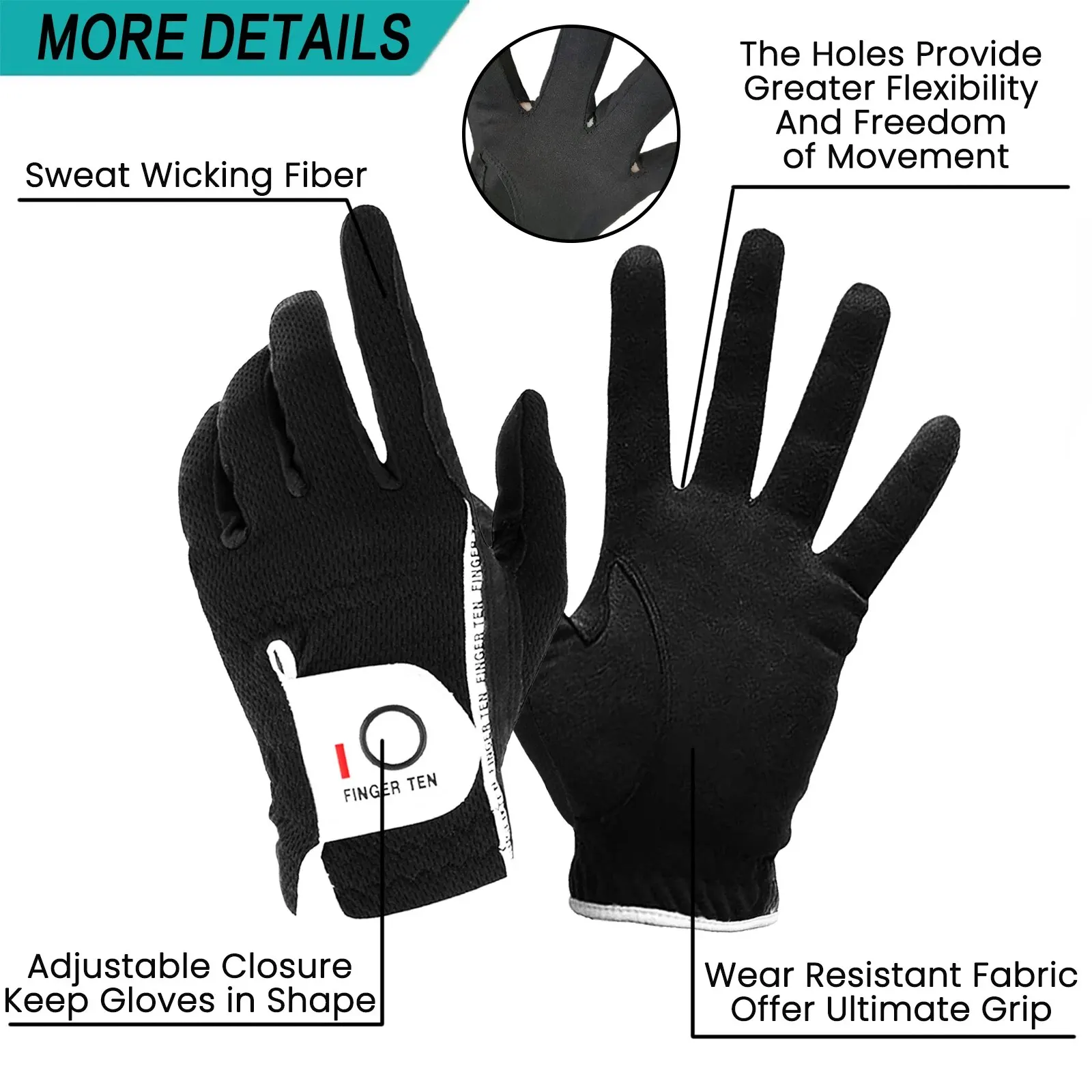 Men's Golf Glove Rain Grip Both Left and Right Hand Value 1 Pair for Hot Wet Weather Fit Size Small Medium Large XL XXL