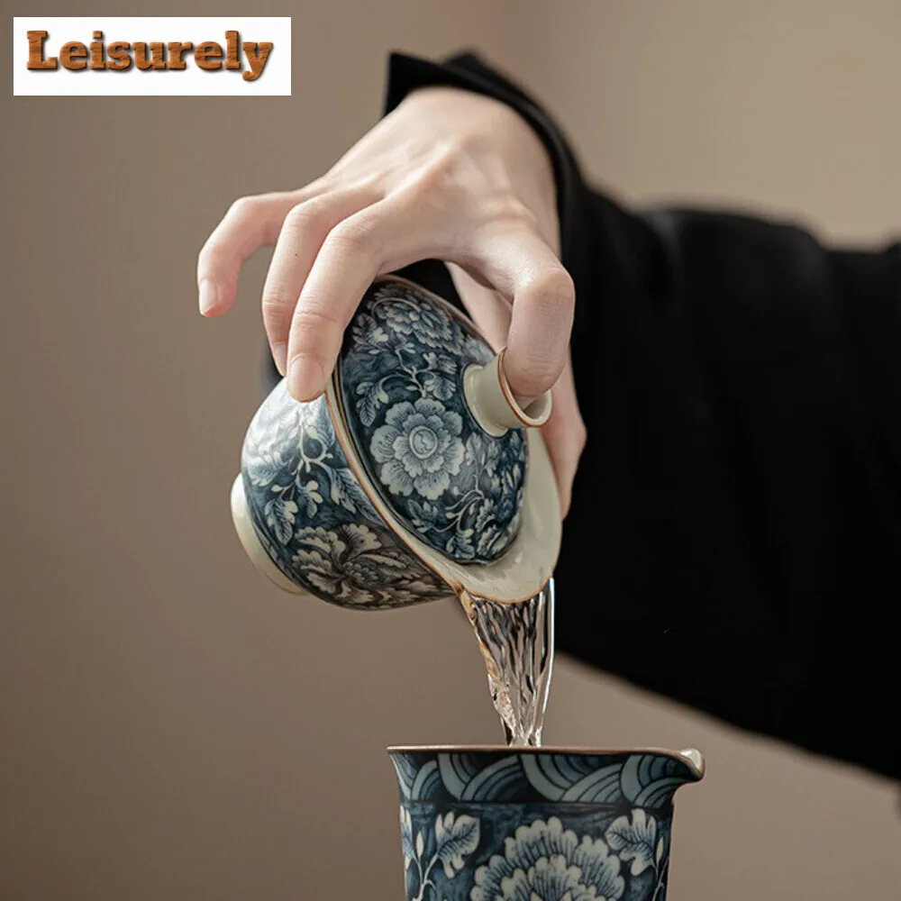 100ML Antique Ru Kiln Gaiwan Aesthetic Blooming Flowers Three Talents Tea Tureen Tea Maker Cover Bowl Chinese Teaset Ornaments