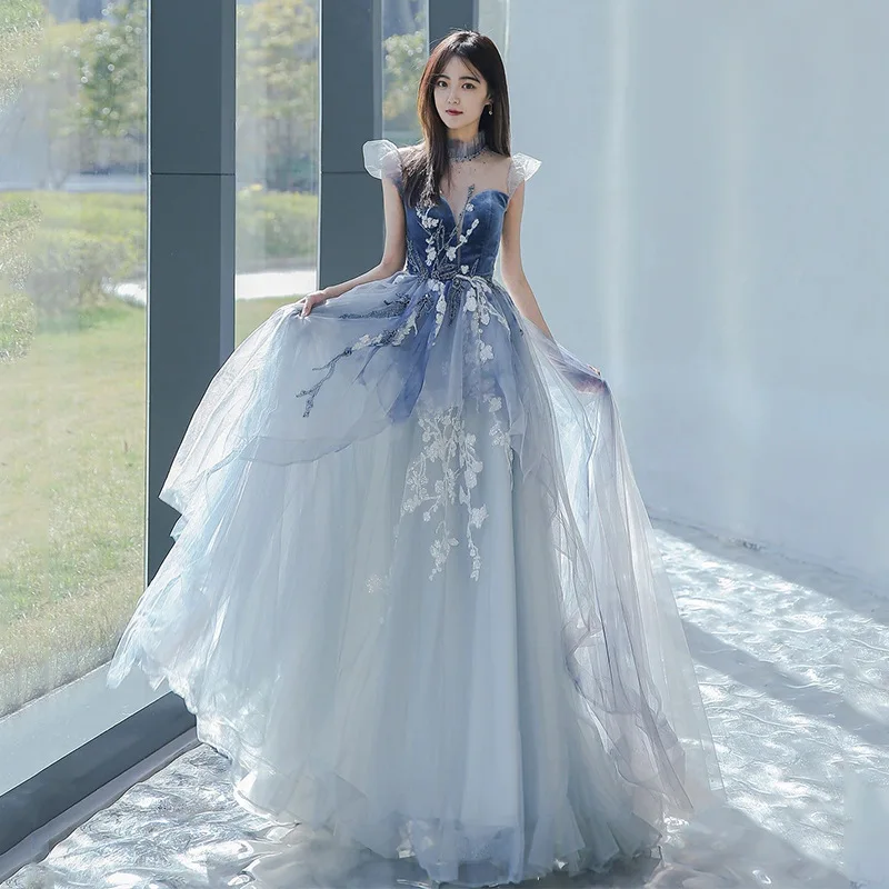 New Blue Evening Dress Elegant Flying Sleeves Floral Lace Prom Gown Noble Appliques Beading Long Sukienka Wieczorowa Customized