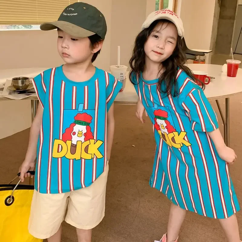 

HoneyCherry Summer Boys and Girls Cartoon Print T-shirt Children's Casual T-Skirt Brother and Sister Clothing