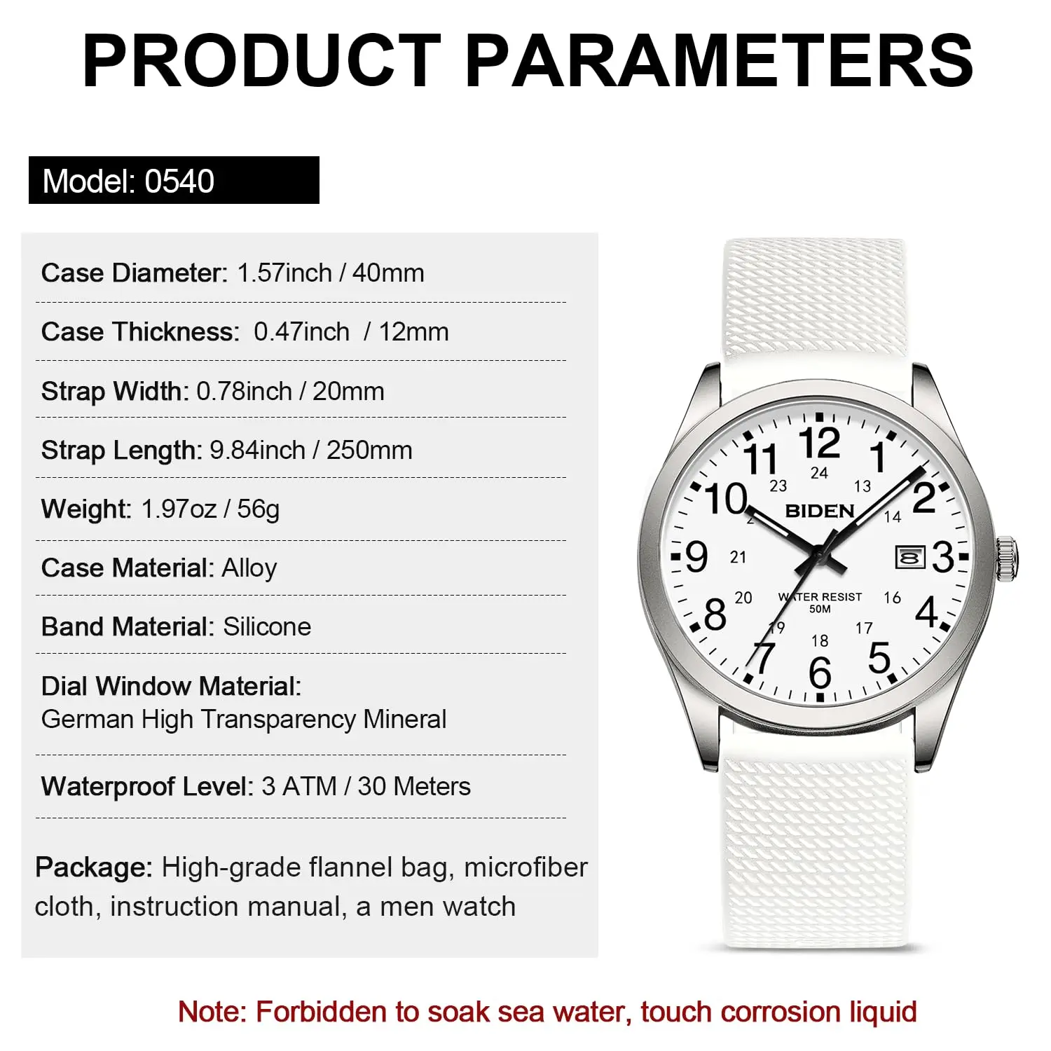 BIDEN Simple Casual Men's Quartz Watch Digital Edition Waterproof Calendar Luminous Silicone Strap Comes with Watch Box 5