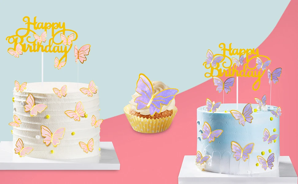 10 Pcs/set Purple Pink Acrylic Butterfly Cake Decoration Happy Birthday Cake Topper Handmade Painted for Wedding Birthday Party