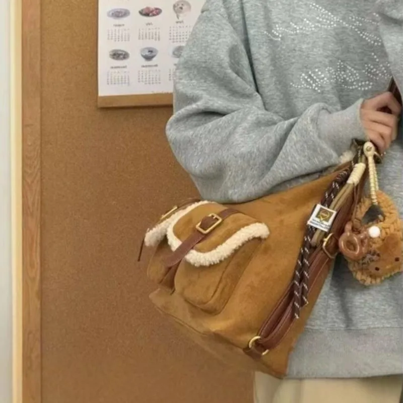 Retro Faux Suede Brown Tote Bag Women Fuzzy Trim Large Capacity Shoulder Bags Ladies Stain Resistant Multi Functional Backpack
