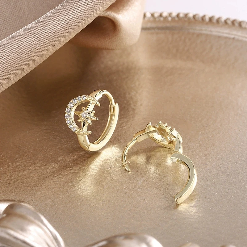 Cute Star Moon White Zircon Small Round Hoop Earrings For Women Charm Gold Color Ear Buckle Wedding Jewelry Valentine's Day Gift