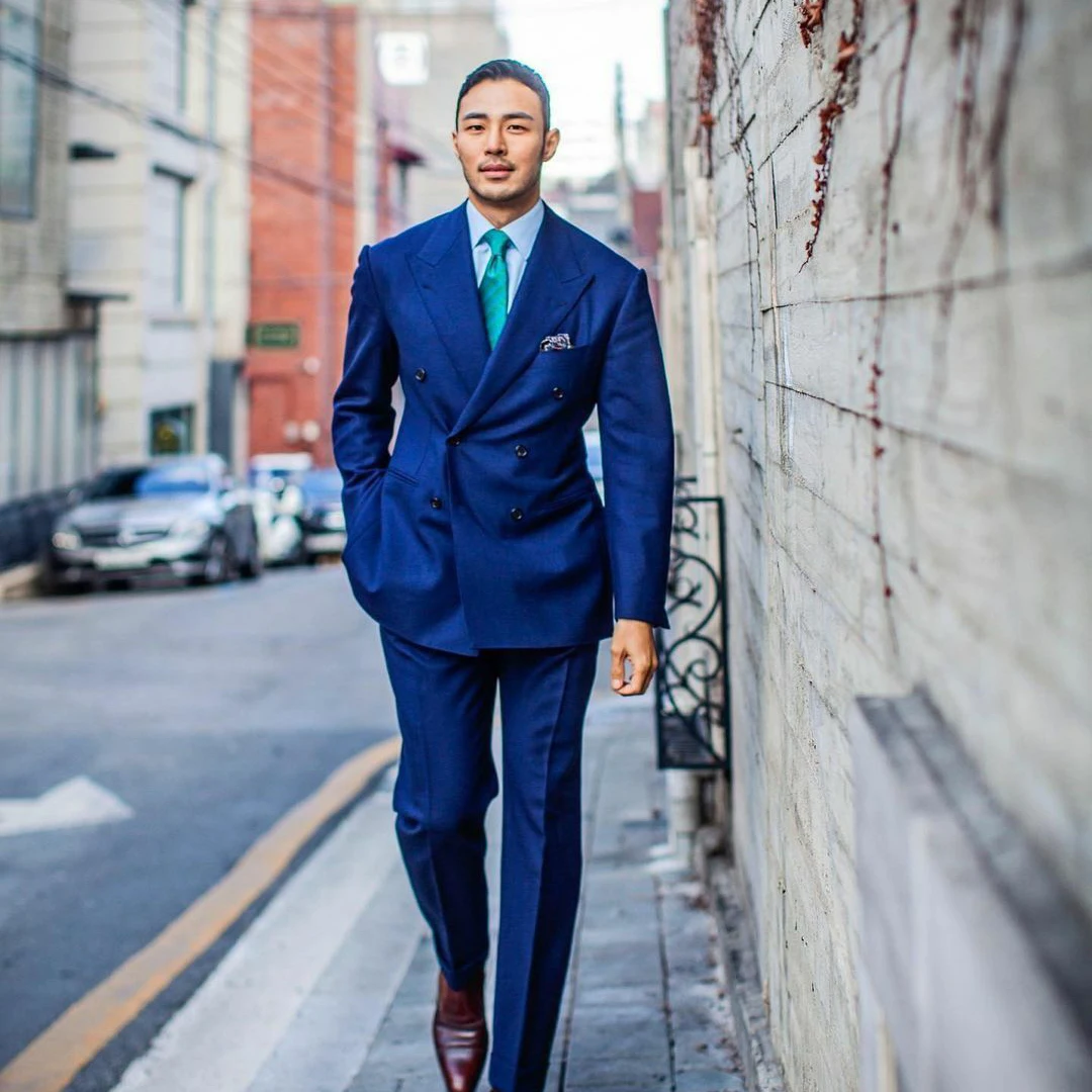 

Blue Full Men Suits Elegant Wedding Fashion Groom Luxury Slim Fit Casual Jacket Pants Two Pcs Double Breasted Peaked Lapel 수트재킷