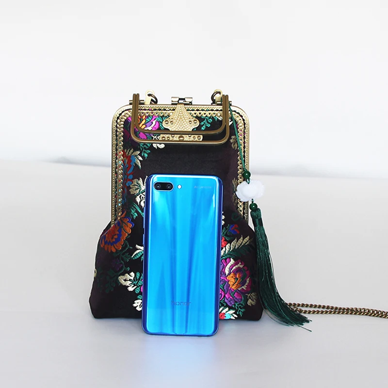 Pure Handmade Vintage Print Flowers Bags Hand Lock Shell Phone Bag Women's Handbags Purses Chain Women Shoulder Crossbody Bags crossbody bag women handbags