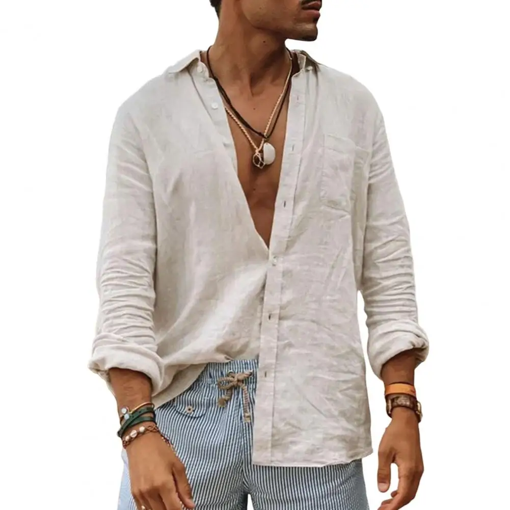 2024 Men Casual Cotton Linen Shirts Standing Collar Male Solid Color Long Sleeves Loose Tops Spring Autumn Handsome Men's Shirts