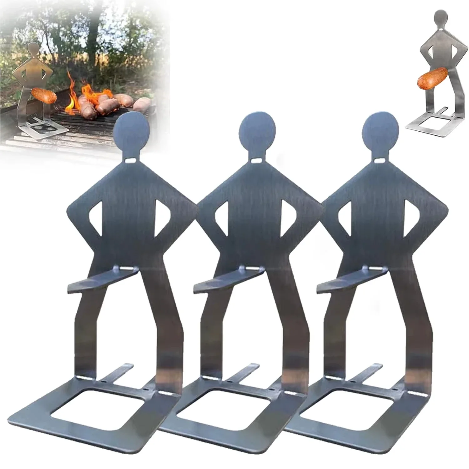 Description Picture 4 of item1/5-piece BBQ Hot Dog Roaster Stainless Steel Rack Humanoid Barbecue Sausage Rack Outdoor Summer Party Picnics Holder BBQ Tools