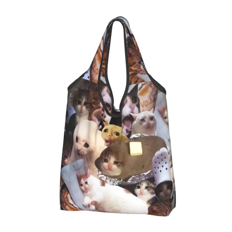 Crying Cat Memes Groceries Shopping Tote Bag Women Animal Shopper Shoulder Bag Big Capacity Handbags