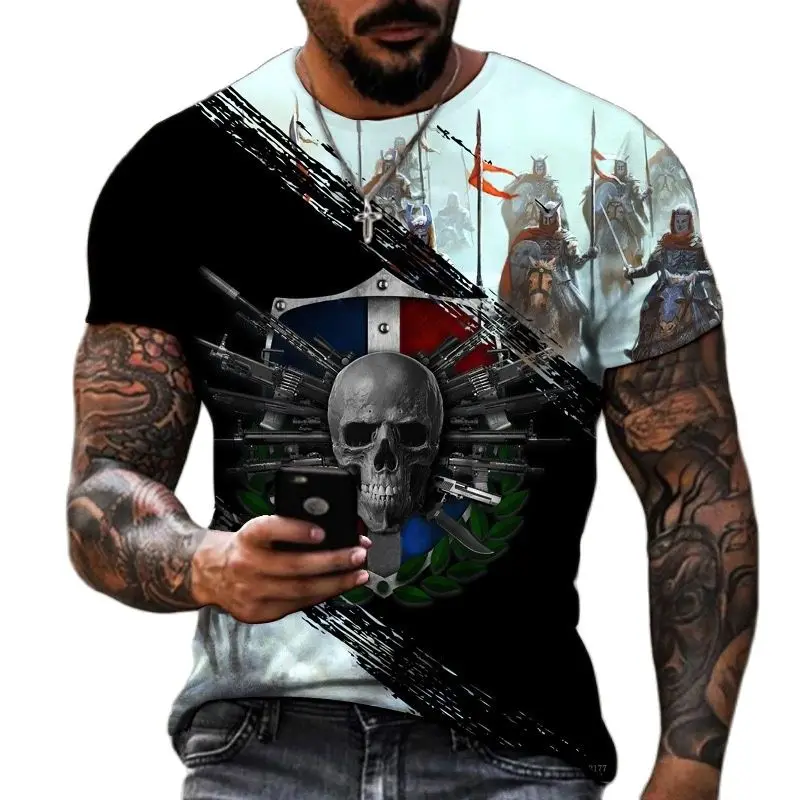 

3D Vintage Crusaders T Shirts For Men Knights Printed Crew Neck Short Sleeve Oversized Samurai Tops Tee Shirt Boys Skull Clothes