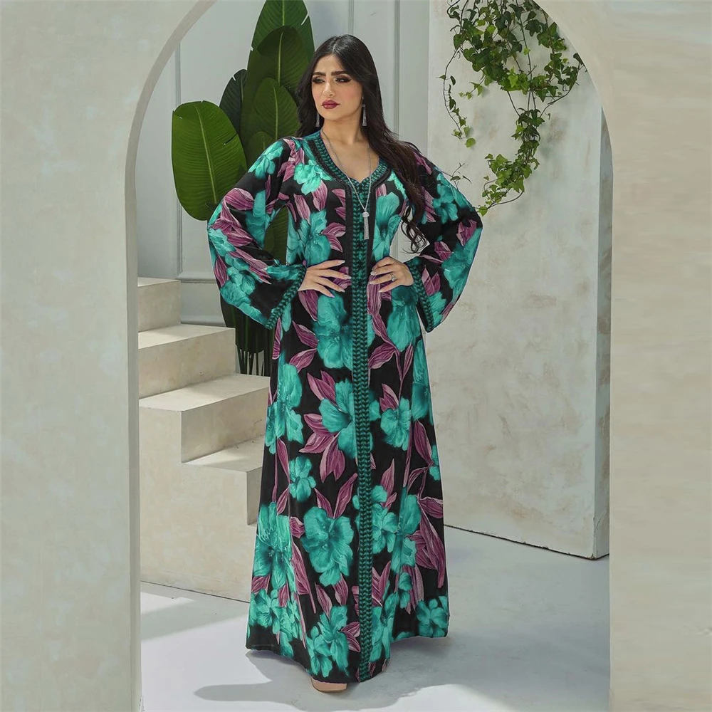 

Marocain Diamonds Print Abaya Dubai Turkey Kaftan Women Muslim Dress Islam Gulf Jalabiya Arab Robe Caftan Eid Ramadan Party Gown