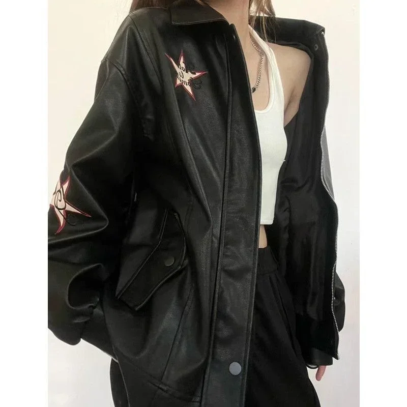 

Harajuku Coat Women Vintage Streetwear BF Oversized Outwear Y2k Tops Embroidery Casual Fashion PU Jackets Clothes for Teens