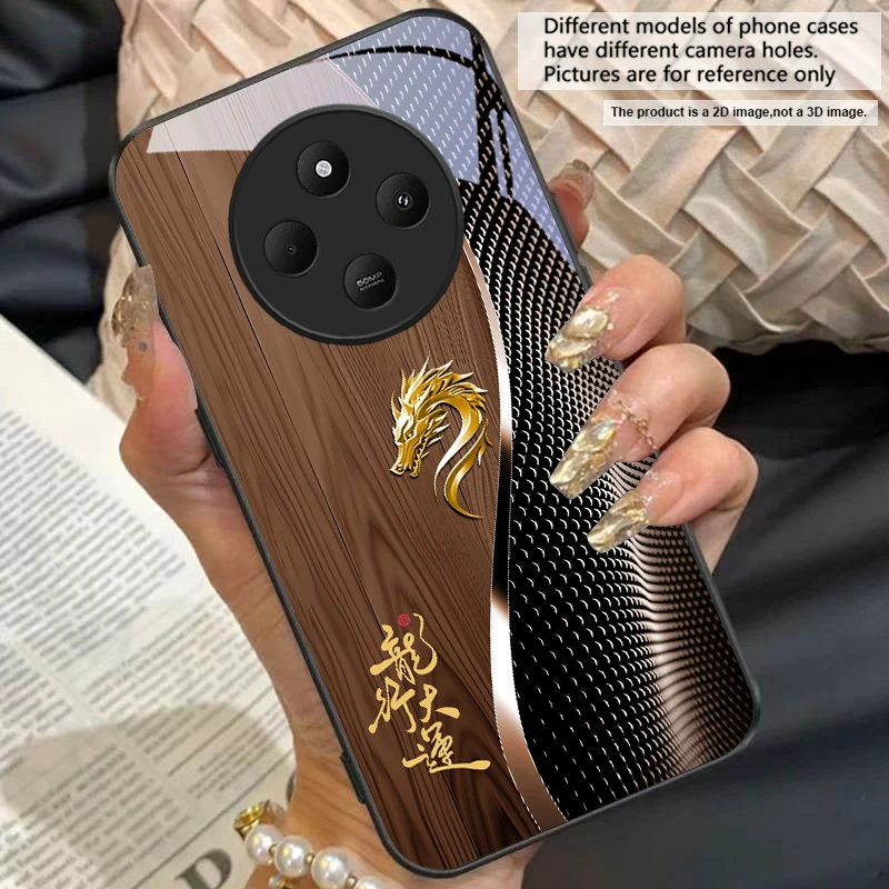 Elegant Black Tempered Glass Phone Case with Traditional Dragon Totem Design