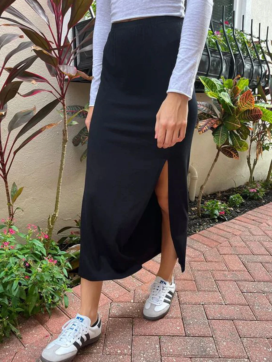 

Black Split Straight Midi Skirt Woman Summer High Waist Long Faldas Female Casual Vintage Simple Streetwear Sweet Y2k Skirts