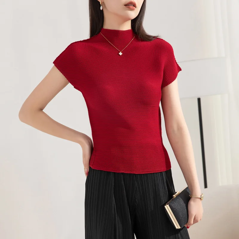 

Miyake Pleated Tops Women 2023 Summer Short Sleeves Half Turtleneck Tofu Pleated Elastic Outerwear All-Match T-shirt for Women