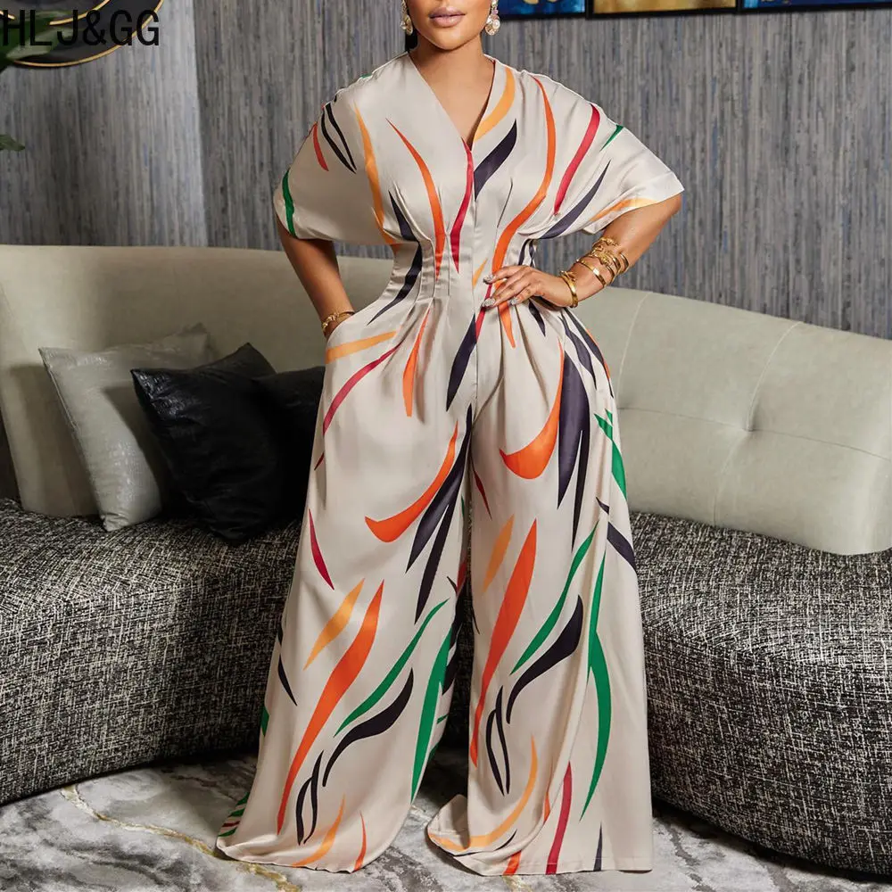 HLJ&GG Beige Casual Printint Wide Leg Pants Jumpsuits Women V Neck Short Sleeve Playsuit Elegant Lady One Piece Matching Overall
