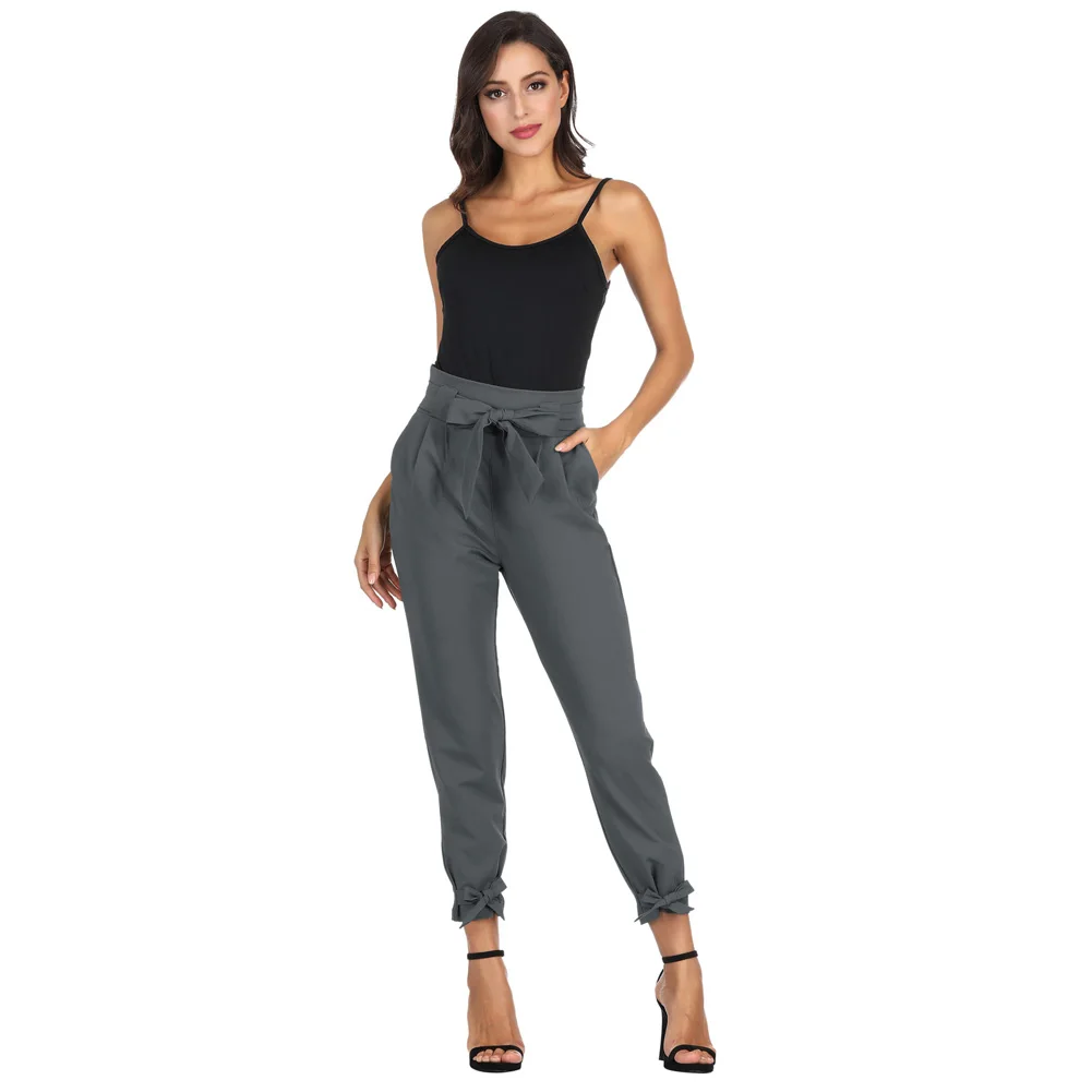 GK Women's Casual High Waist Belt Decorated Pencil Capri Pants With Bow-Knot Solid Summer Spring Streetwear Female Clothing