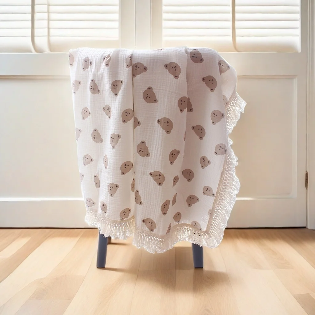 Children's blanket Cotton crepe bear fringe blanket Baby stroller cover Summer air conditioning baby wrap blanke cotton blanket