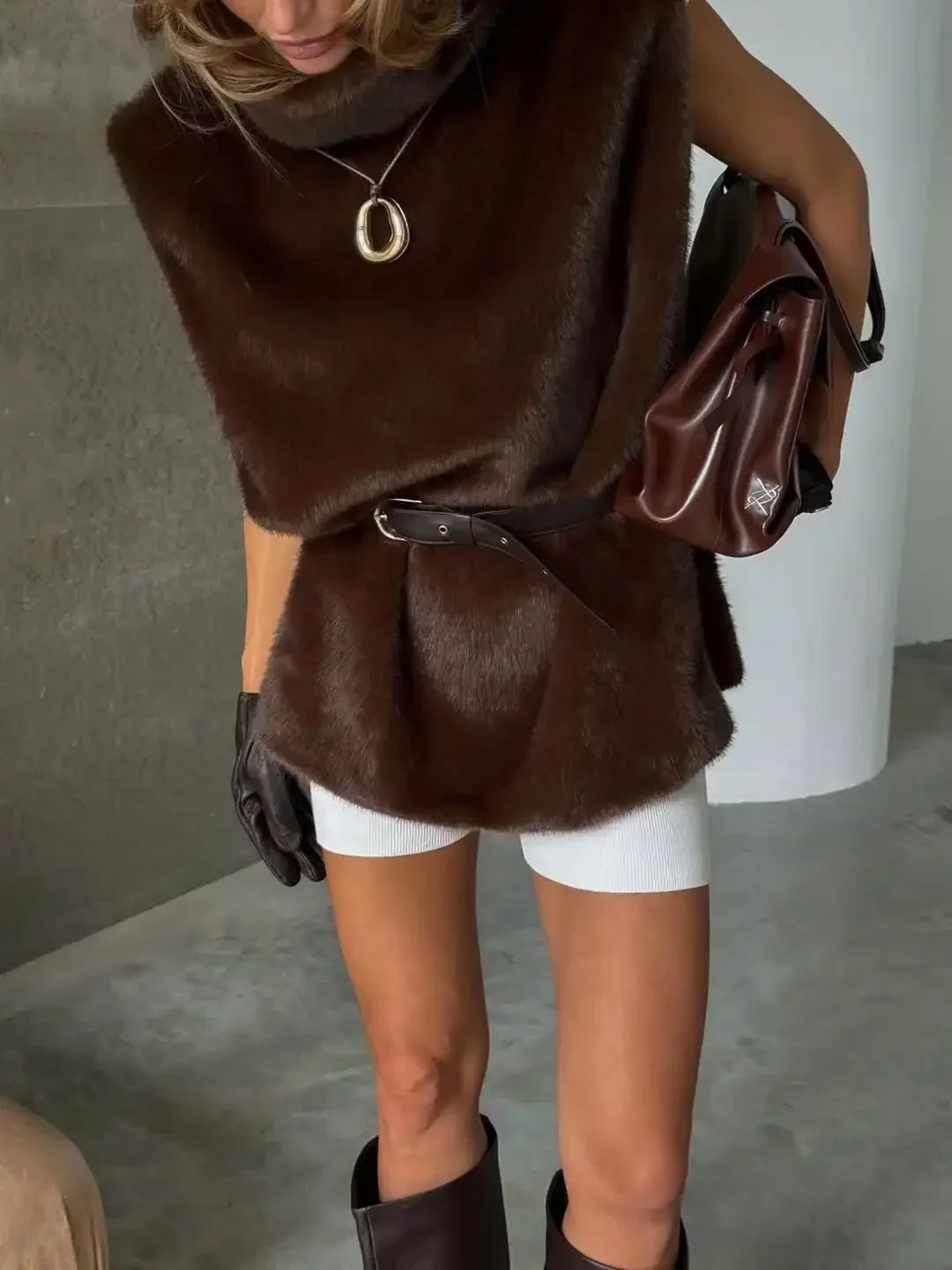 Casual Stand Collar Solid Fur Vest Women Chic Sleeveless Waist Cinching Lace Up Thick Top Fashion Lady New Business Commute Tops