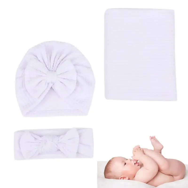 

Newborn Receiving Blanket Gender Neutral Infant Blankets Set Soft Nursery Swaddling Blankets Solid Color With Hat And Hair Band