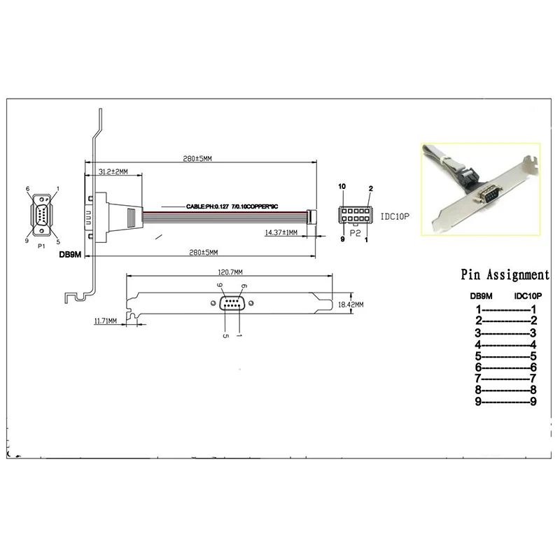 RS232 Seriell D-Sub DB9 9PIN Stecker auf IDC 10Pin Buchse Flachbandkabel 12 cm Full High Bracket Panel Adapter für Computer Motherboard – Detail 8