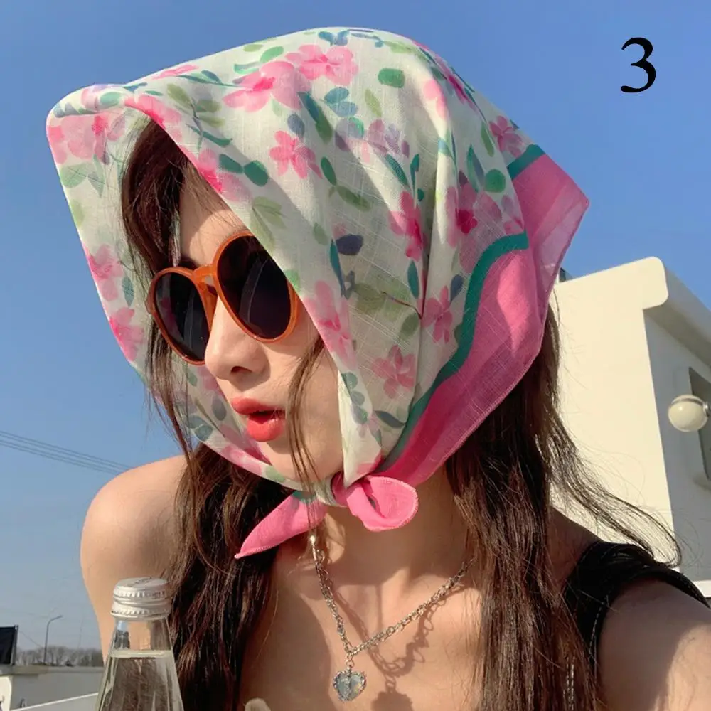 Cotton Linen Scarf Small Square Scarf Floral Decorative Hair Scarves Cute Handkerchief Neckerchief Women Scarf Hair Band INS ?? 5