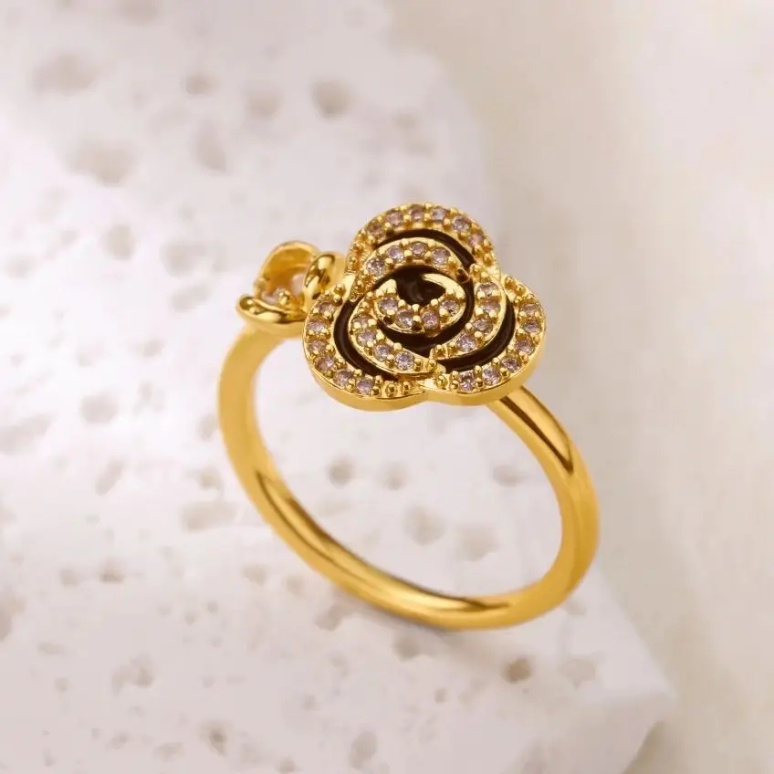 Zircon Flower Fidget Spinner Ring Anxiety for Women Gold Color Stainless Steel