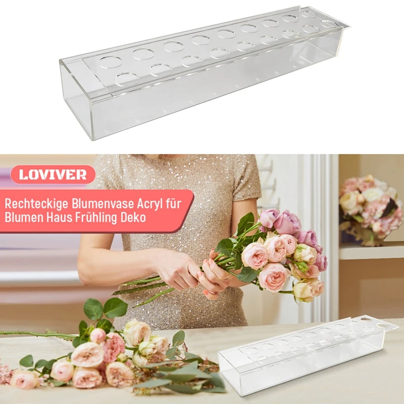 

10-24holes Transparent Acrylic Long Flower Vase Clear Rectangular Vase For Dining Table Home Wedding Decoration Rose Gift Box