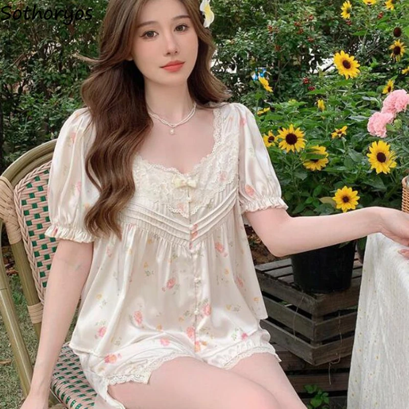 

Summer Pajama Sets for Women Sweet Prints Sexy Lace French Style Princess Sleepwear Lovely Girlish Retro Short-sleeved Pajamas