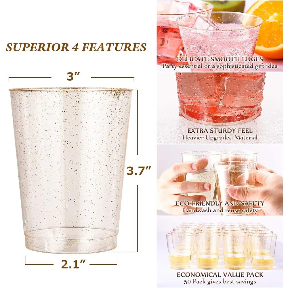 Gold Plastic Cups Disposable Gold Glitter Plastic Wine Glasses Clear Cups Tumblers Christmas Party Cups