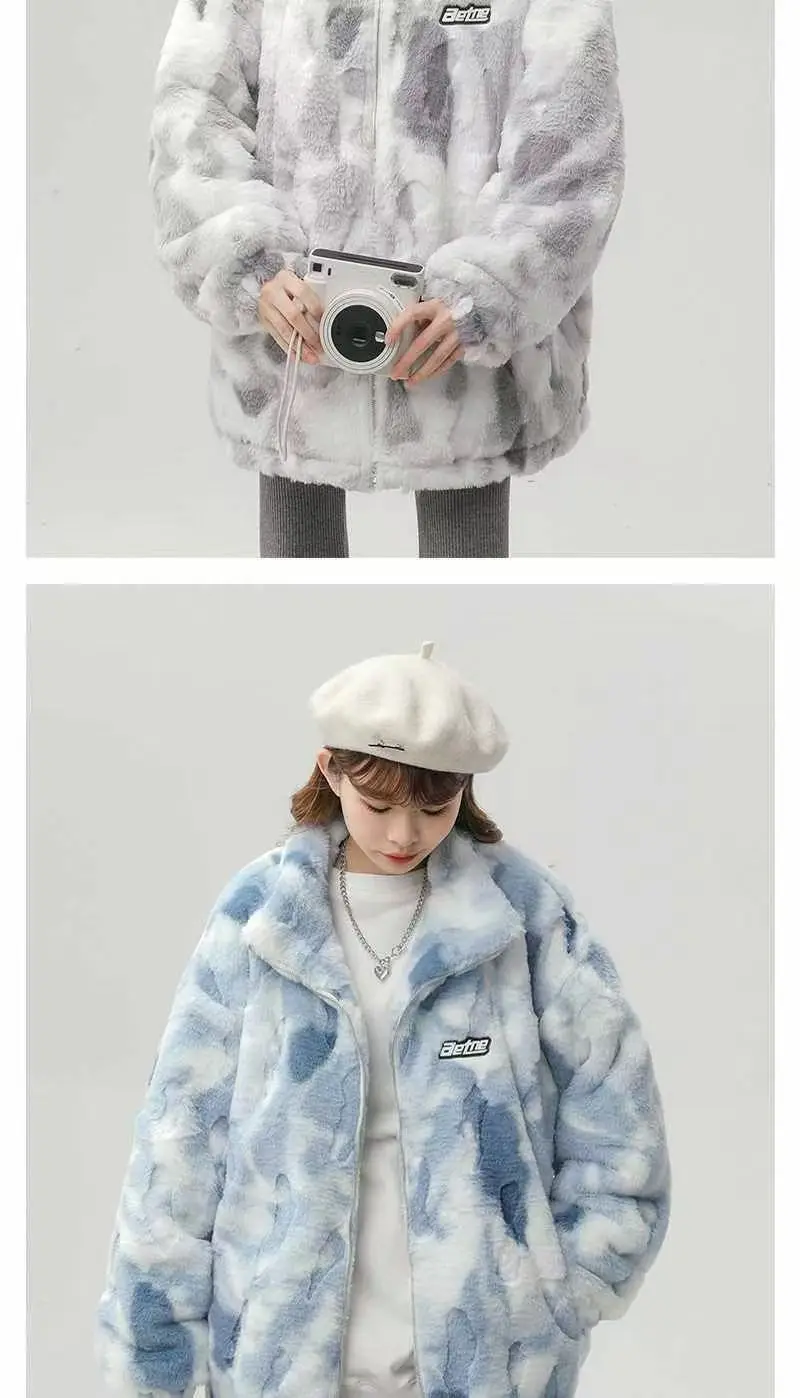 Tie dye Lamb wool Coat 2025 New Winter Trendy Student Cotton Jacket Thicken Loose Stand collar Coats Female Warm Parka Overcoat