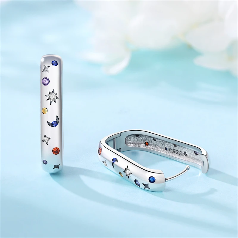 Echte 925 Sterling Silber Creolen bunte Zirkon helle Sternen himmel Ohrringe Frauen Verlobung Hochzeits feier Silber Schmuck – Detail 2