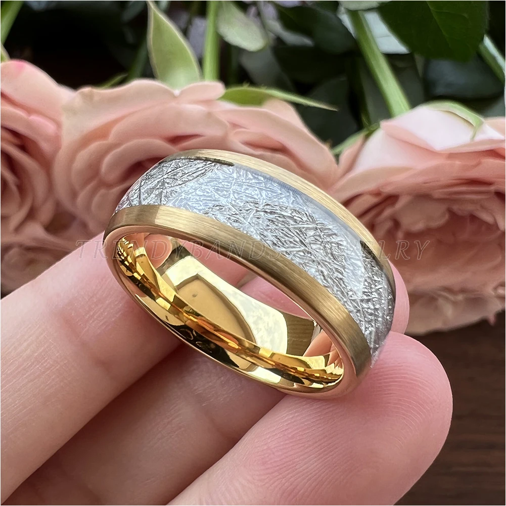 8 mm, 3 Farben, Meteorit-Inlay, Wolframkarbid-Ringe für Männer und Frauen, Ehering, gewölbtes, gebürstetes Finish, bequeme Passform – Detail 7