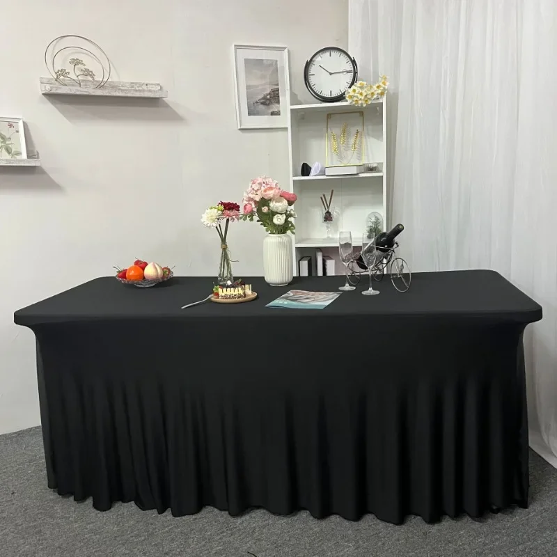 Black Table Skirts 6ft Rectangle Wrinkle Resistant Table Clothes Ruffles Elastic Cover for Banquets Party Weddings Decor
