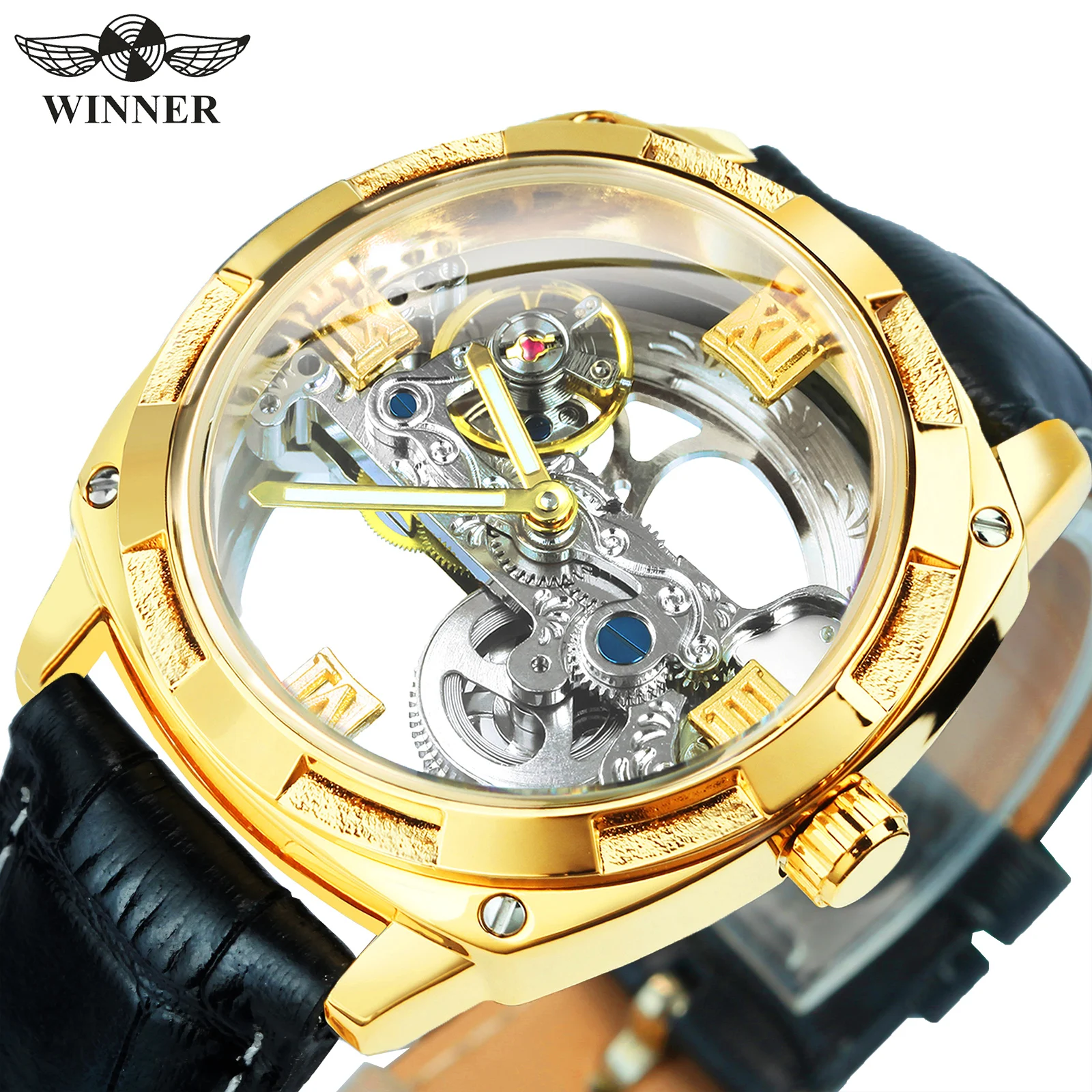 WINNER Square Waterproof Mechanical Watches for Men Golden Bridge Skeleton Luxury Genuine Leather Belt Automatic Mens Watch Glow