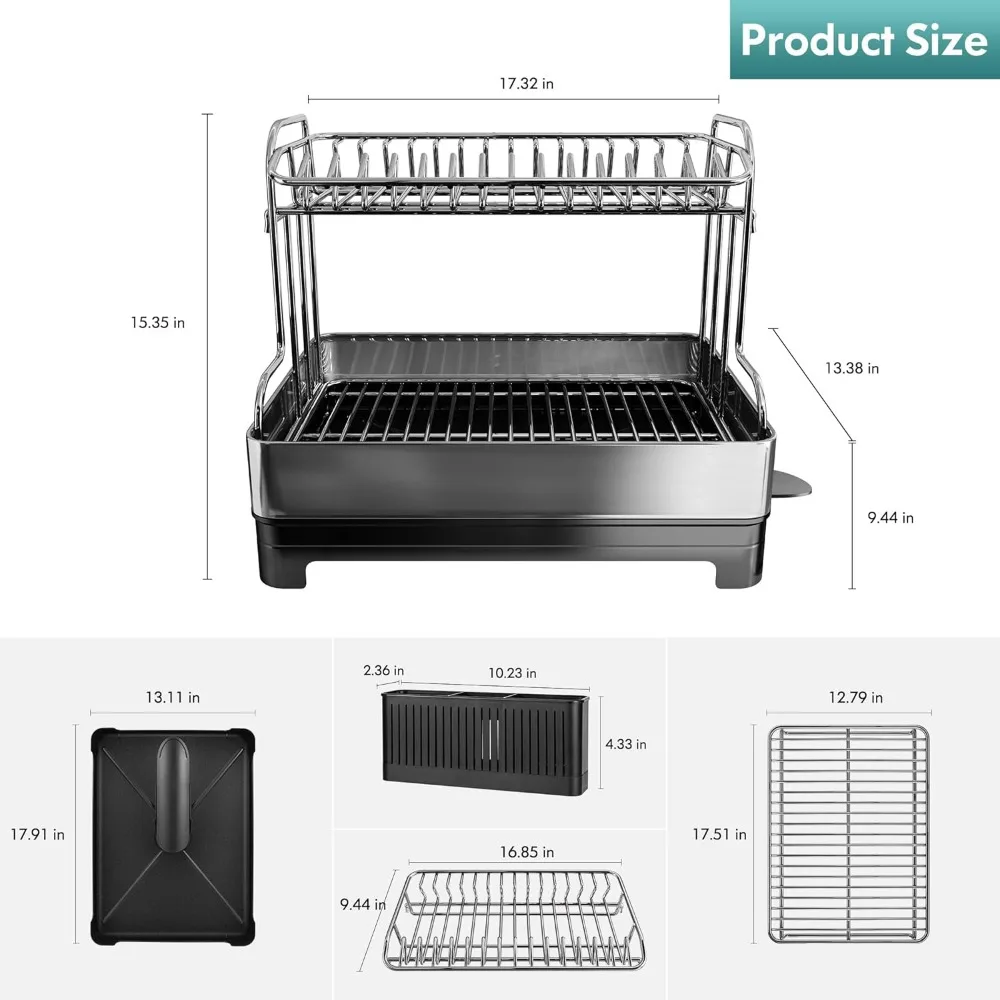 Dish Drying Rack,304 Stainless Steel 2 Tier Large Dish Rack and Drainboard Set w/ Drainage Spout,Dish Drainer w/ Utensil Holder 3