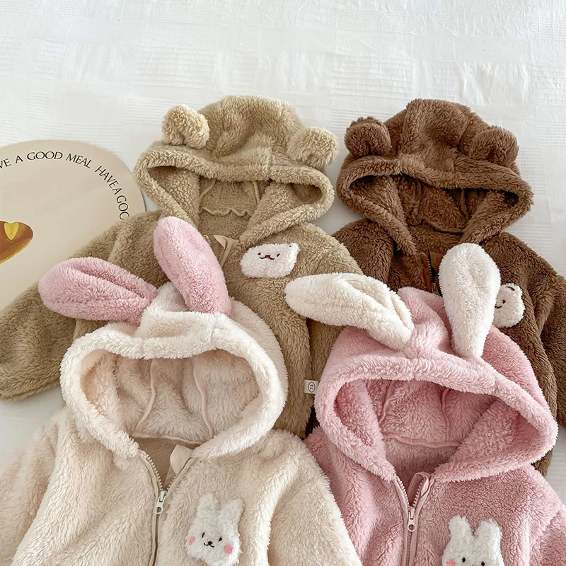 Plush baby girls boys jacket spring autumn keep warm zipper hooded outerwear cute rabbit bear infant coat 0-5 years kids clothes