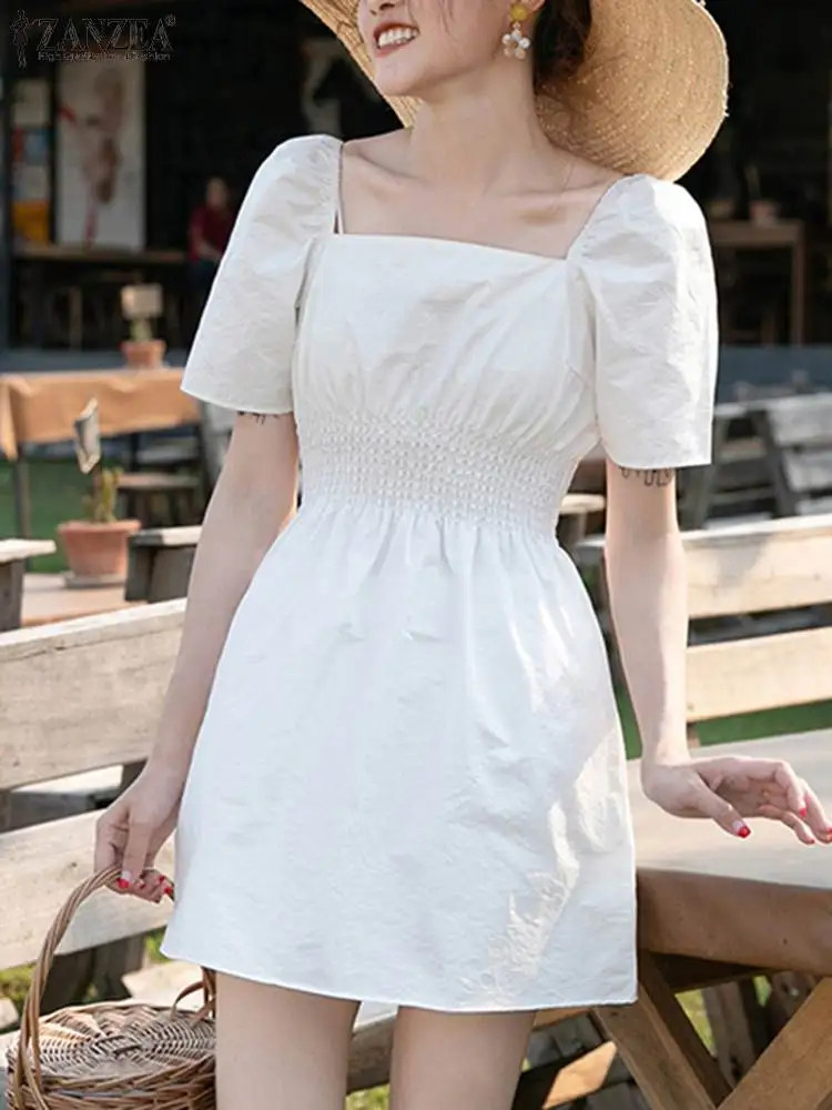 

ZANZEA 2024 Holiday Elegant Short Robe Summer Puff Sleeve Mini Dress Women Elastic Collect Waist Party Vestido Sweety Dresses