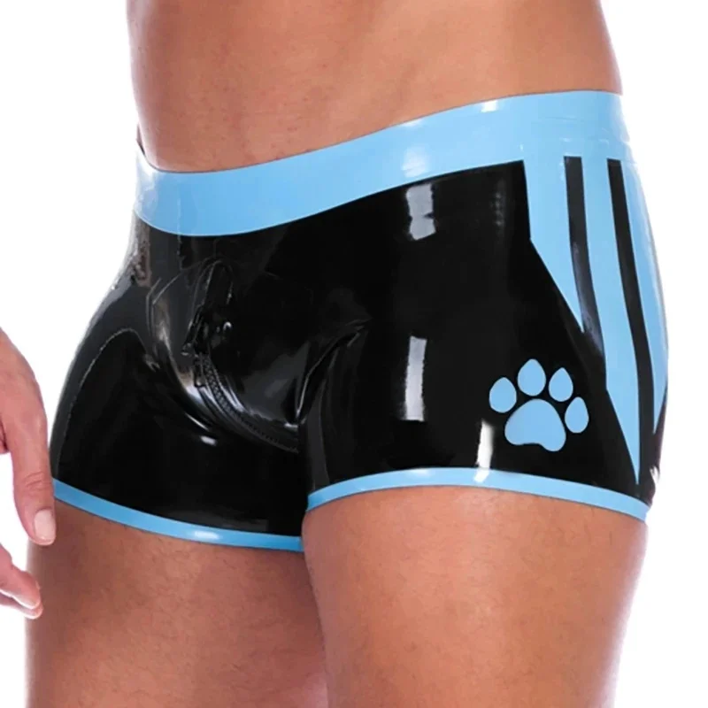 

Sexy Natural Latex Underwear Boxer Shorts Handmade Men Short Pants Black with Blue Cosplay Costume