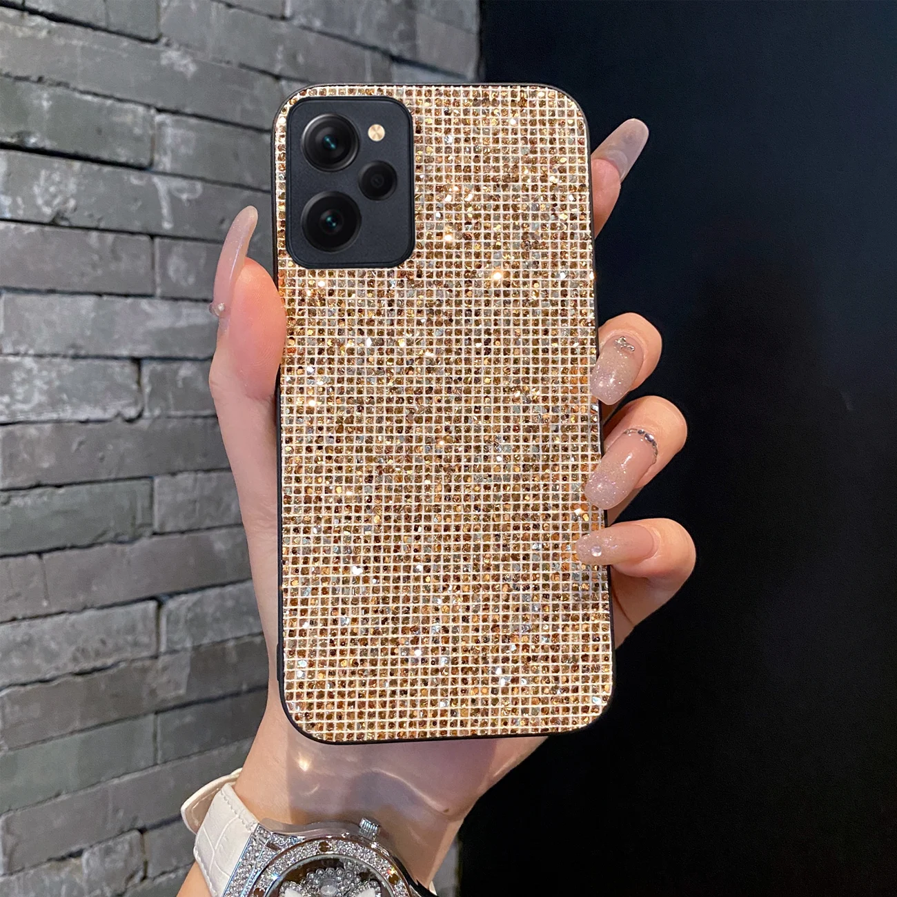 Luxury Shiny Gold Grid Pattern Fashion TPU Shockproof Glitter Phone Case