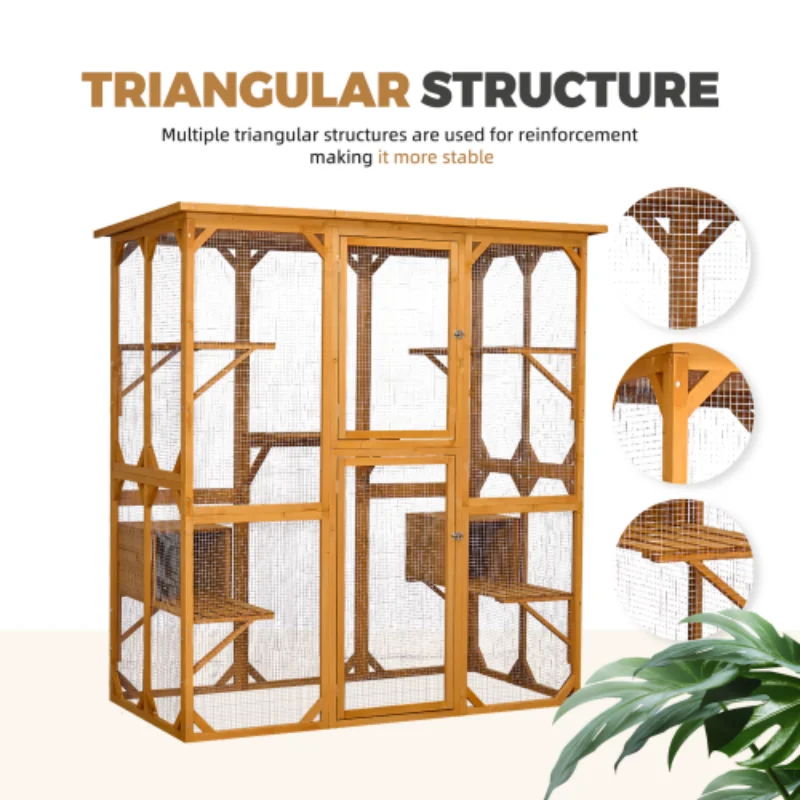 Catio Outdoor Cat Enclosure with Roof 72" Height Cat Wooden House Large Cage with 3 Jumping Platforms and 2 Napping Houses f