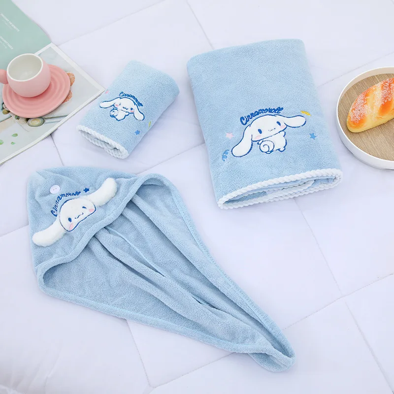 

Sanrio Kuromi Bath Towel Set Cinnamoroll Absorbent Fast Dry Hair Cartoon Melody Soft Cotton Beach Towel Three-Piece Set 70x140cm