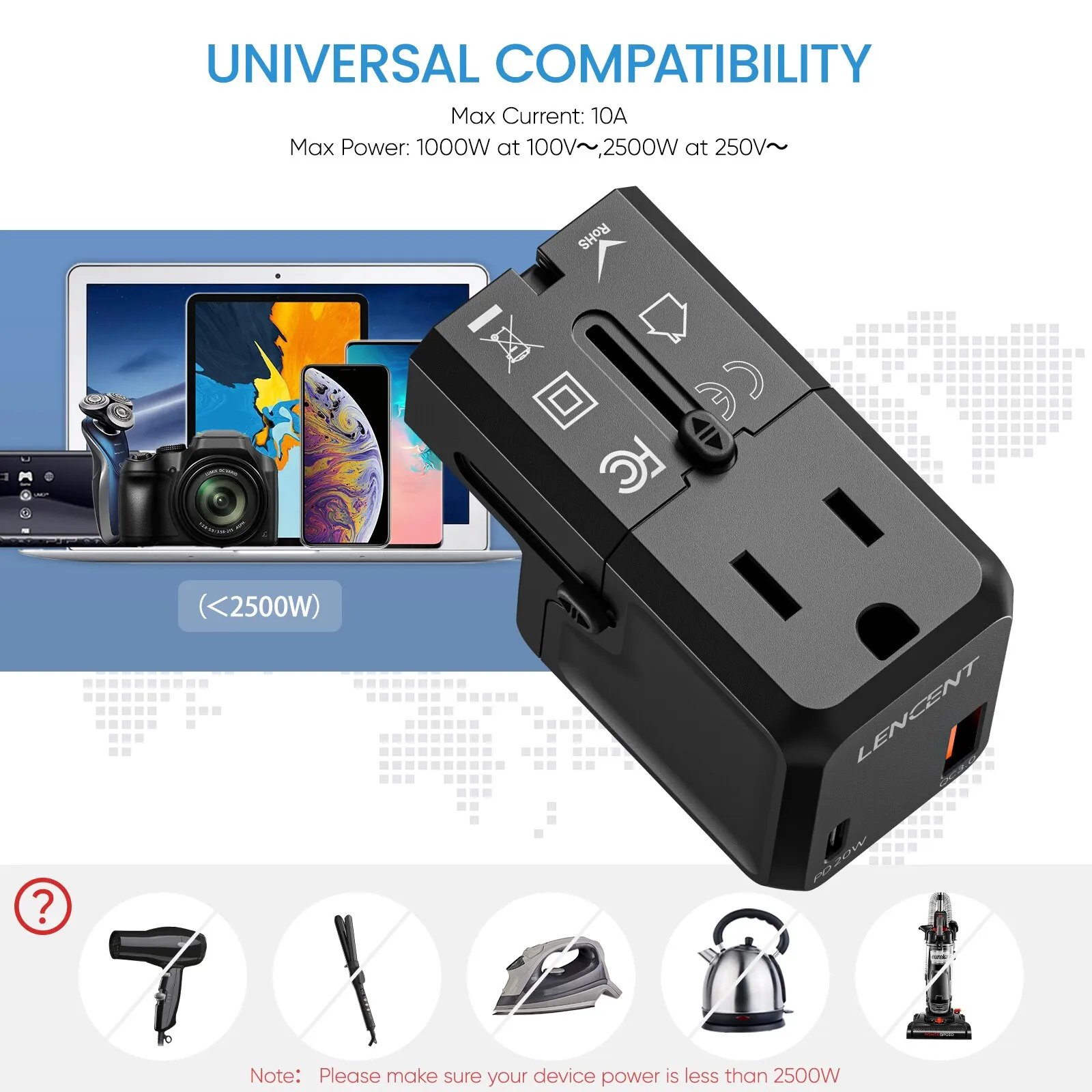 Universal Travel Adapter 1 AC Outlet 1 USB QC 3.0 Port PD 20W Fast Charger For US EU UK AUS Plug Adapter Power Adapter Power Plug Adapter Plug Converter