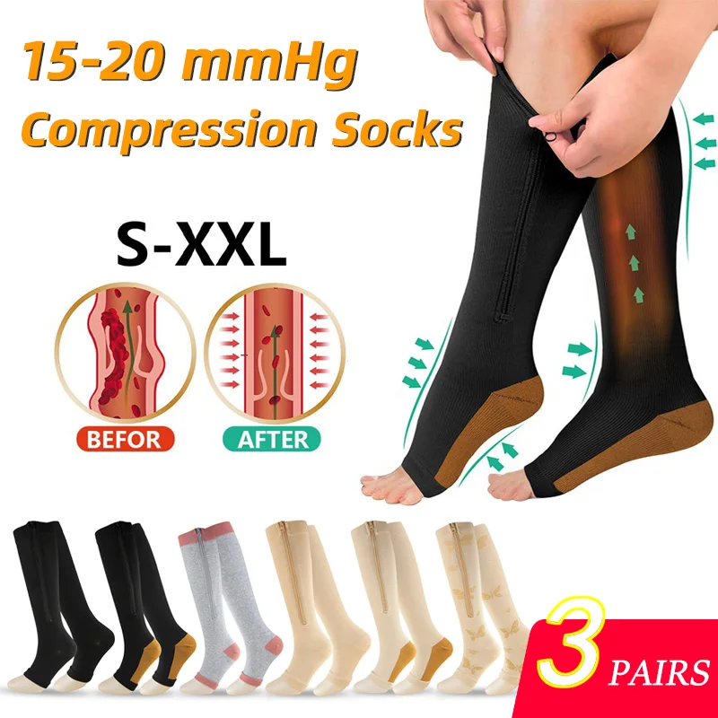 3 Pairs/Lot Zipper Compression Socks 15-20 mmHg Knee High Support Stockings  Women Men Cycling Running Copper Toe Open Long Socks - AliExpress