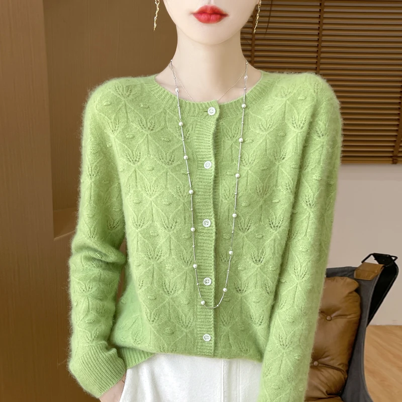 100% Merino Wool Long Sleeve Sweaters Cashmere Cardigan Autumn Winter Women Hollow-out O-Neck Knitwear Tops Clothing Fashion Top 2
