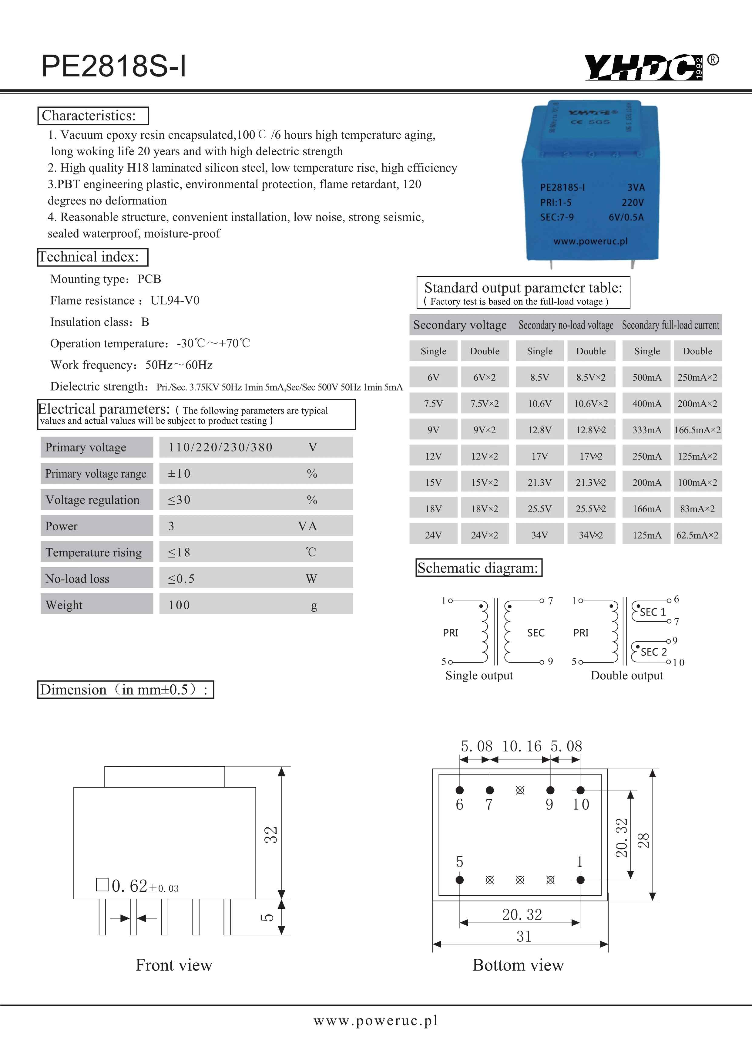 Power Transformer YHDC PE2818S-I Power 3VA 220V / 6V/ 7.5V /9V /12V /15V /18V /24V Encapsulated Transformer For PCB Mounted Isolation