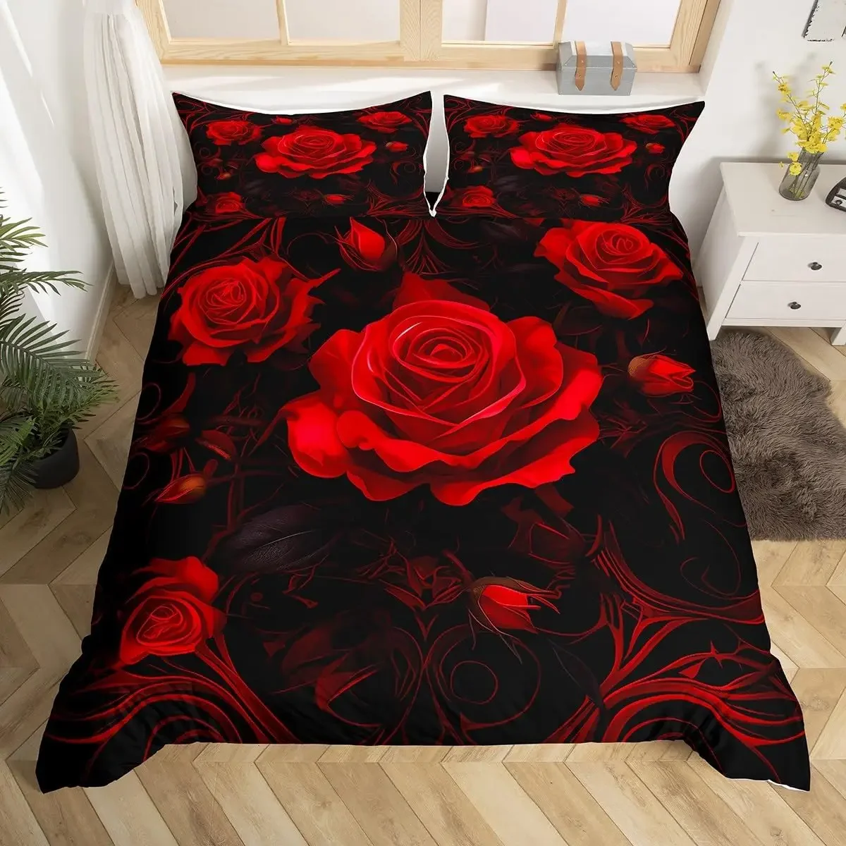 Red Roses Duvet Cover Twin Queen Happy Valentine's Day Bedding Set Romantic Flowers Comforter Cover Cute Love Heart Quilt Cover