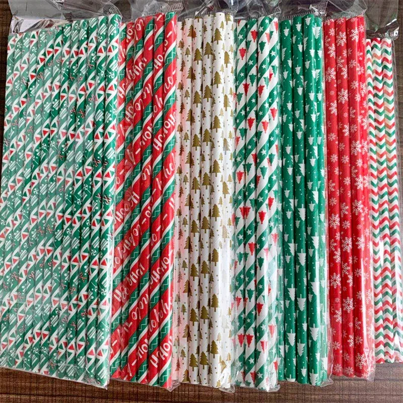 25PCS Christmas Kraft Paper Straw Disposable Colorful Print Straws Halloween New Year Party Decoration Home Table Decor Supplies